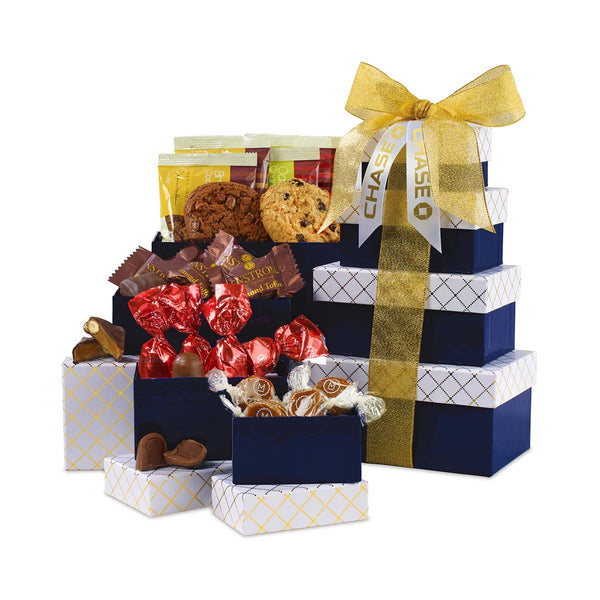 Gourmet Expressions Navy-White & Gold Sweet Snacks Tower of Individually Wrapped Treats – 16 pc