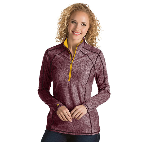 Antigua Women’s Maroon Heather/Gold Tempo Fine Stripe Quarter Zip