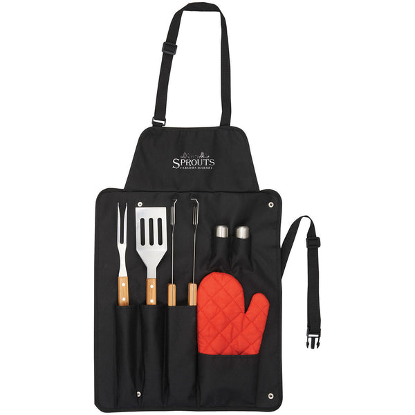 Leed’s Black BBQ Now Apron and 7 piece BBQ Set