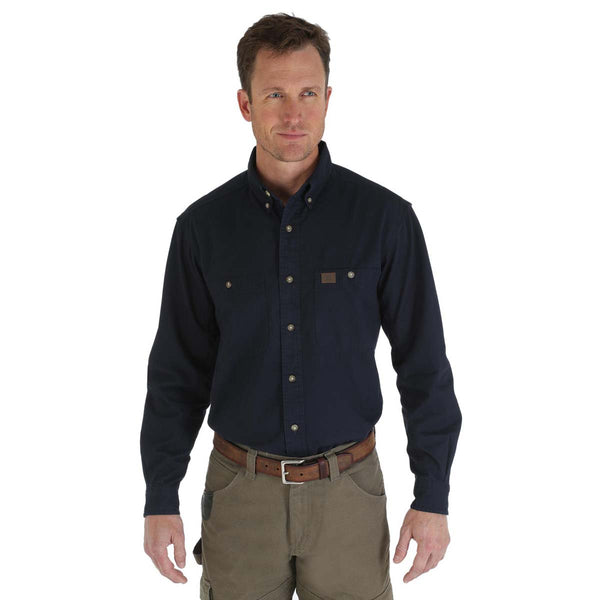 Wrangler Men’s Navy Riggs Workwear Long Sleeve Button Down Solid Twill Work Shirt