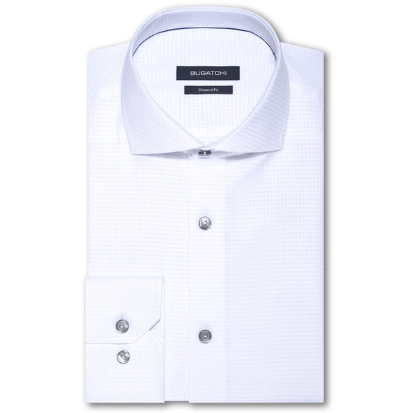 Bugatchi Men’s White Spread Collar French Placket No Pocket Long Sleeve Shaped Fit