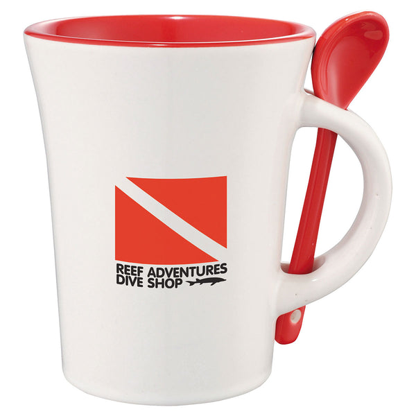 Bullet White with Red Trim Dolce 10oz Ceramic Mug with Spoon