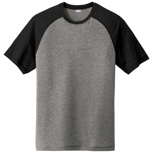 Sport-Tek Men’s Black Triad Solid/Dark Grey Heather PosiCharge Tri-Blend Wicking Raglan Tee