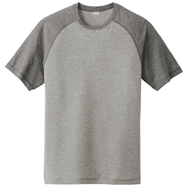 Sport-Tek Men’s Dark Grey Heather/Light Grey Heather PosiCharge Tri-Blend Wicking Raglan Tee