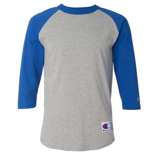 Champion Men’s Oxford Grey/Team Blue Three-Quarter Raglan Sleeve Baseball T-Shirt