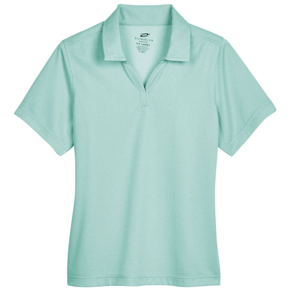 UltraClub Women’s White/Jade Cavalry Twill Performance Polo